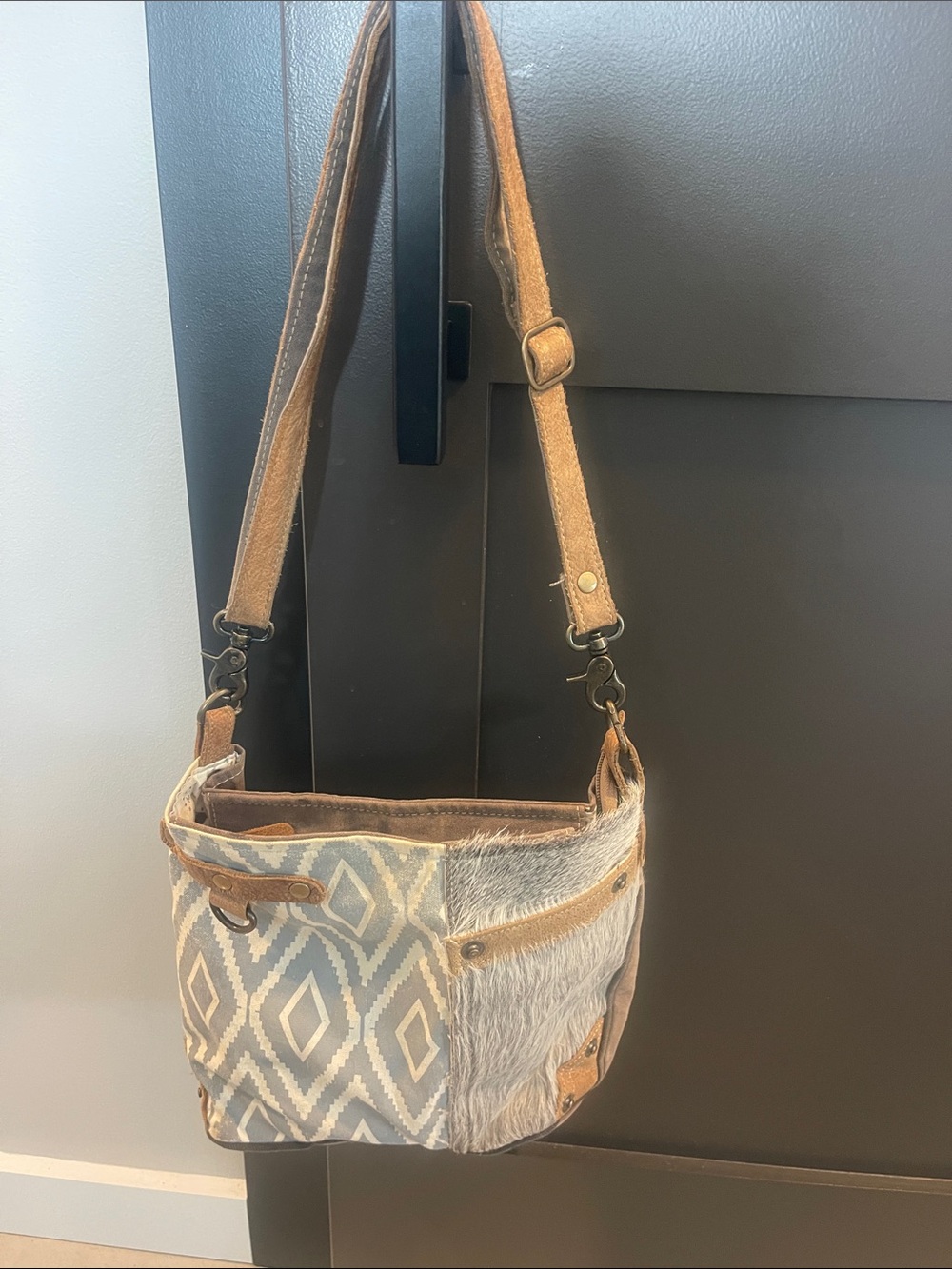 Myra Bag Tan and Gray Patterned Crossbody
